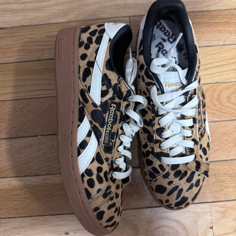 Reebok Leopard Print Sneakers with White Stripes and Brown Sole